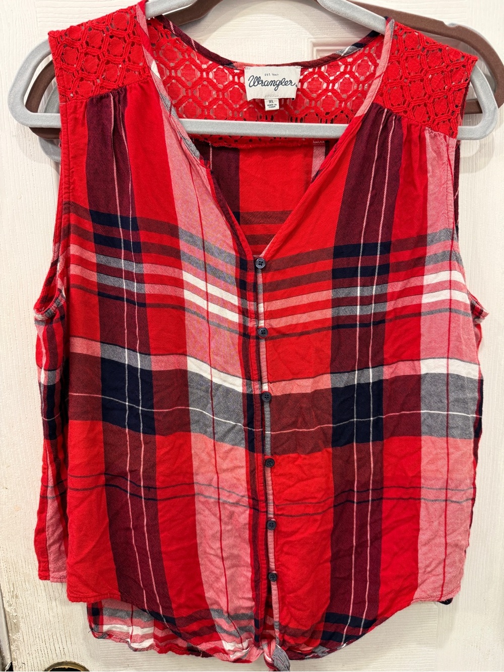 Wrangler Red Plaid Sleeveless Button-Front Top with Crochet Yoke